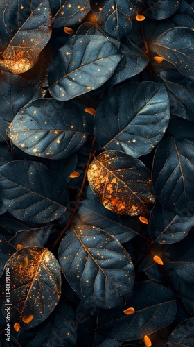 Golden Accents on Dark Leafy Backgrounds for Autumn Designs Generative AI