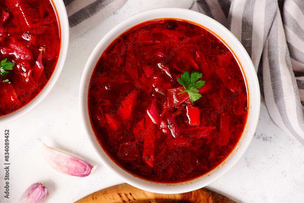 Ukrainian borscht with sour cream in bowls. top view. .style hugge Ukrainian borscht with sour cream in bowls. top view. .style hugge