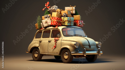 Old-fashioned car loaded with Christmas gifts and decorations  