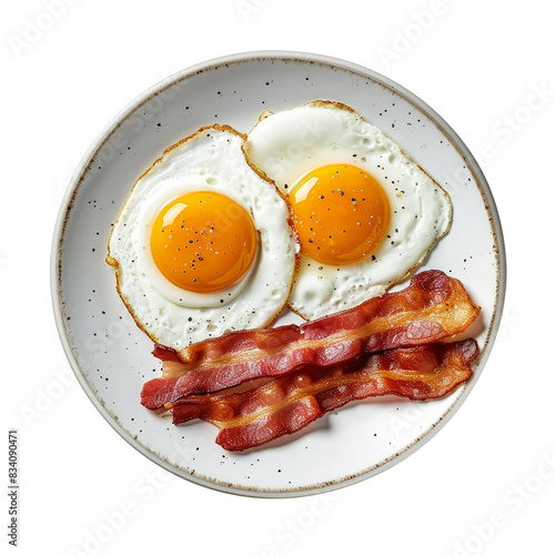 Fried eggs and bacon for breakfast isolated on transparent or white background, png