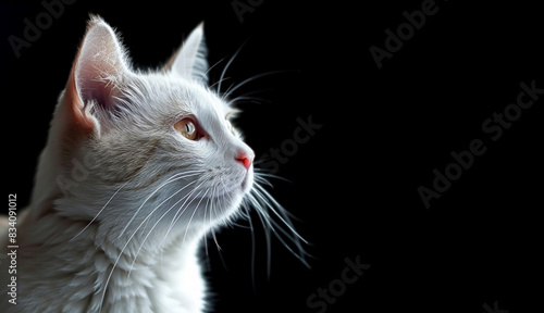 White domestic cat face side angle view on dark background, cat head portrait, cat picture, copy space for text © s1pkmondal143