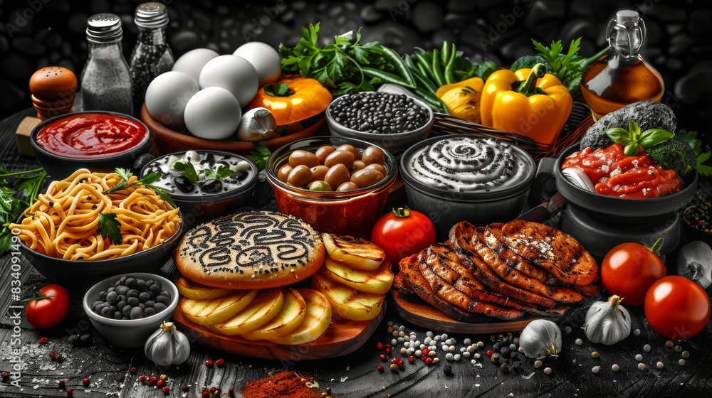 A table with many different foods on it including pasta, meatballs and vegetables, AI A table with many different foods on it including pasta, meatballs and vegetables, AI