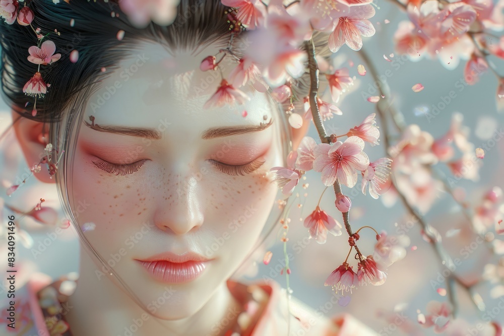 Stunning 3D render of Japanese Ukiyo-e prints, showcasing iconic imagery from the Edo period, including geishas, samurais, and cherry blossoms, with meticulous attention to detail and a timeless 3:2 Stunning 3D render of Japanese Ukiyo-e prints, showcasing iconic imagery from the Edo period, including geishas, samurais, and cherry blossoms, with meticulous attention to detail and a timeless 3:2