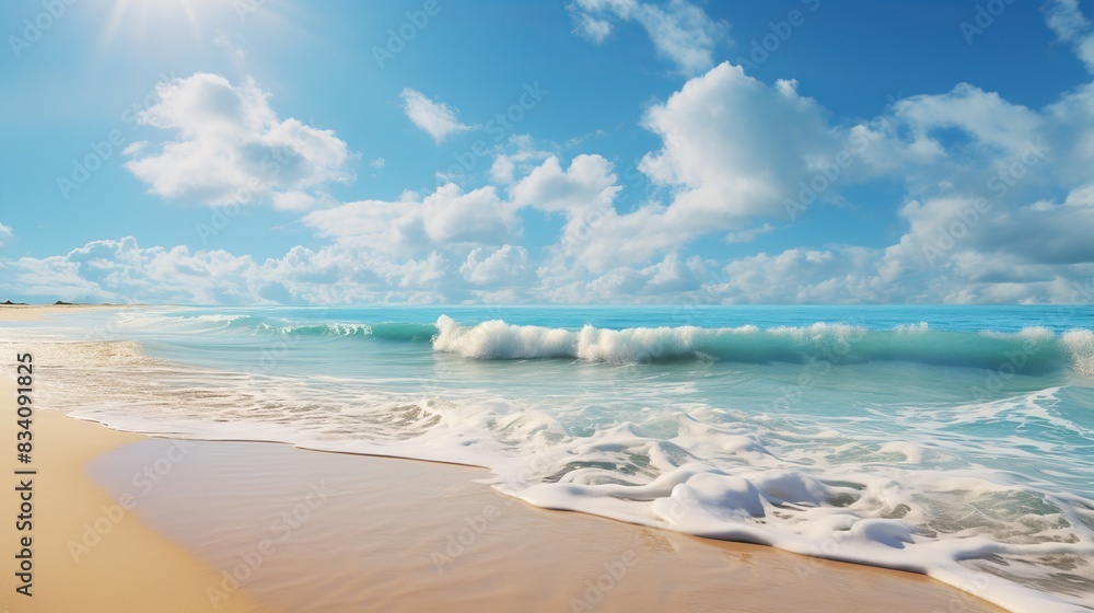 A calming image of a sandy beach with gentle waves  