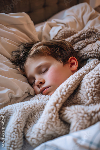 Closeup Sick kid sleeping in bed covered with a soft blanket, cold season, fatigue and fever. © IndigoElf