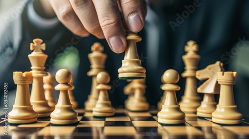 Strategic business decisions mirrored in a chessboard as a hand moves a piece with intent and focus, Created with Generative AI.
