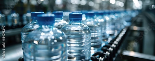 Clear plastic water bottles filled with liquid on a production line in a factory.