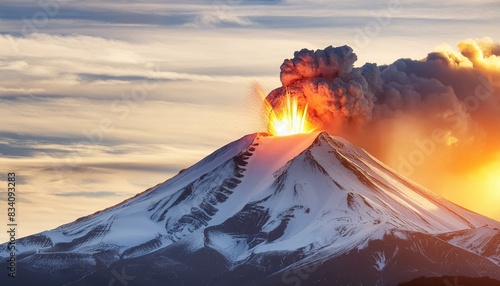 spektakuläre Vulkanausbruch eine schneebedeckte Vulkan bei Sonnenuntergang photo