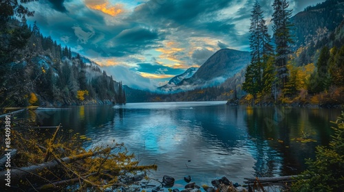 Clean lake with beautiful mountain background, generative AI.