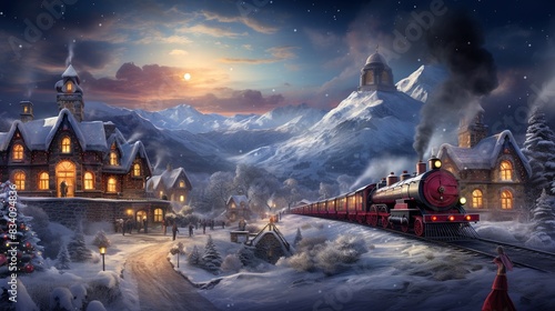 A charming Christmas train set traveling through a snowy countryside, with carriages decorated with lights and children waving from the windows.  photo