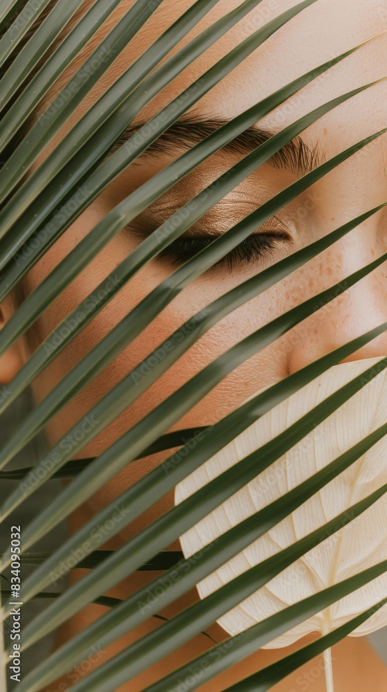 A close up shot of a womans eye, partially obscured by palm leaves A close up shot of a womans eye, partially obscured by palm leaves
