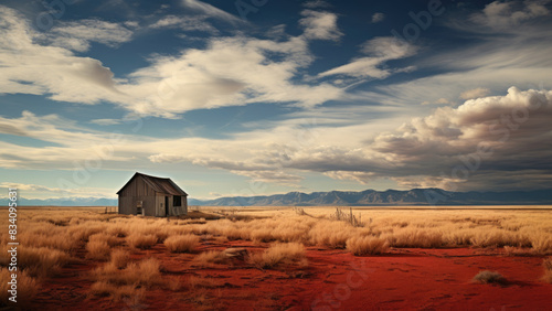 Desolate house in a desert with a fiery sunset sky  
