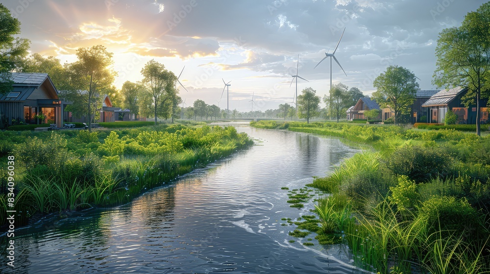 Eco-Friendly Landscape with Renewable Energy Sources: A Vibrant Stock Illustration for Sustainability Advocates Eco-Friendly Landscape with Renewable Energy Sources: A Vibrant Stock Illustration for Sustainability Advocates