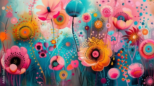 A vibrant and whimsical painting featuring stylized flowers in a myriad of colors with abstract patterns and textures.