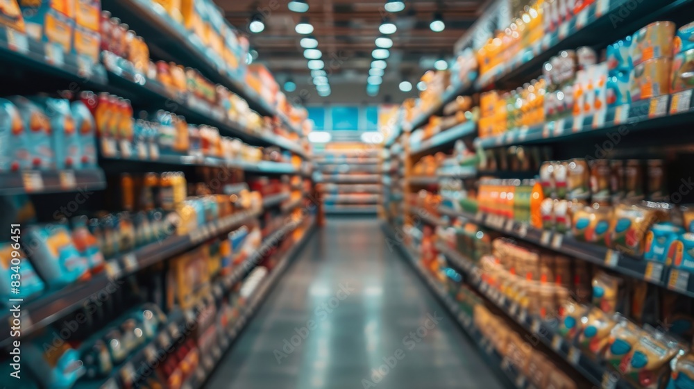Blurred Grocery Store Aisle with Products. Blurred view of a grocery store aisle filled with various products on shelves, representing shopping and retail environment. Blurred Grocery Store Aisle with Products. Blurred view of a grocery store aisle filled with various products on shelves, representing shopping and retail environment.
