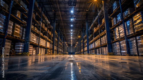 Long exposure shot capturing the sprawling interior of a well-lit, modern warehouse after dark