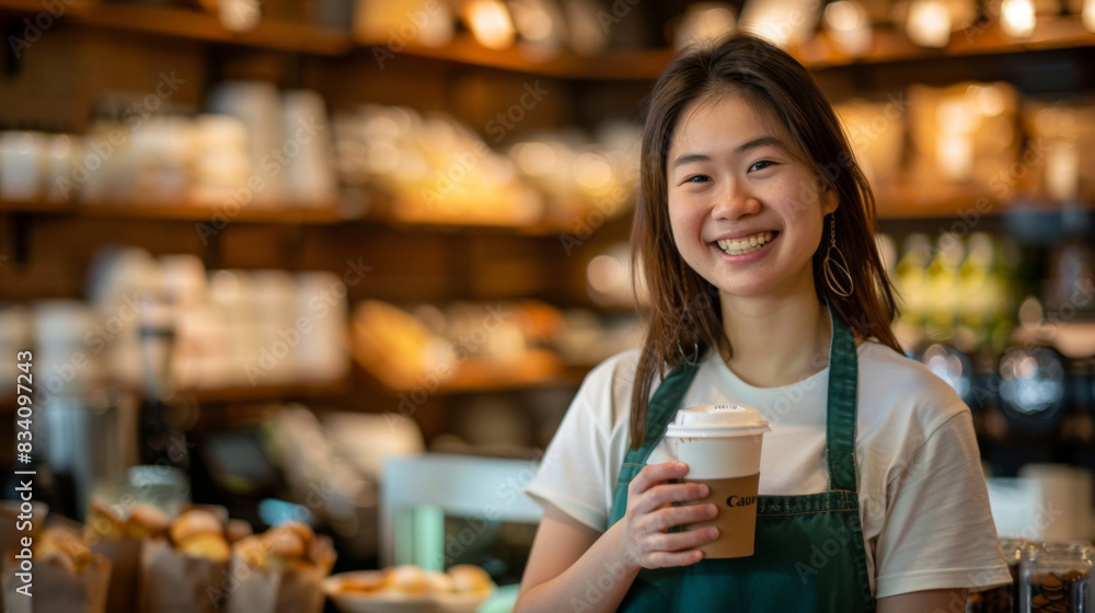 Happy barista holding a to-go coffee cup in a warm cafe setting Happy barista holding a to-go coffee cup in a warm cafe setting
