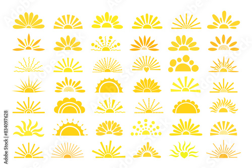 Simple yellow half sun hand drawn vector flat illustration with half-circle shape in middle, cute summer sunset, dawn image for logo, cards, decor, vacation concept, holiday, summertime kids design