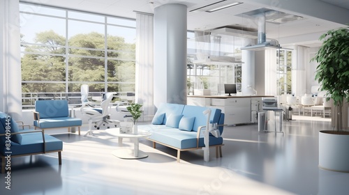 A clean medical office with white and blue decor, comfortable seating, and medical equipment  photo