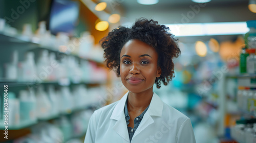 African American female pharmacist confidently assisting a customer in a brightly lit pharmacy.