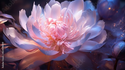 A close-up of a blooming pink peony with intricate petal details and soft lighting  
