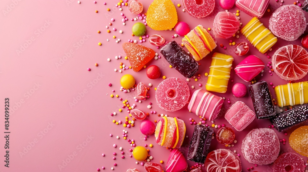 Assorted candies with copy space n pink background Assorted candies with copy space n pink background