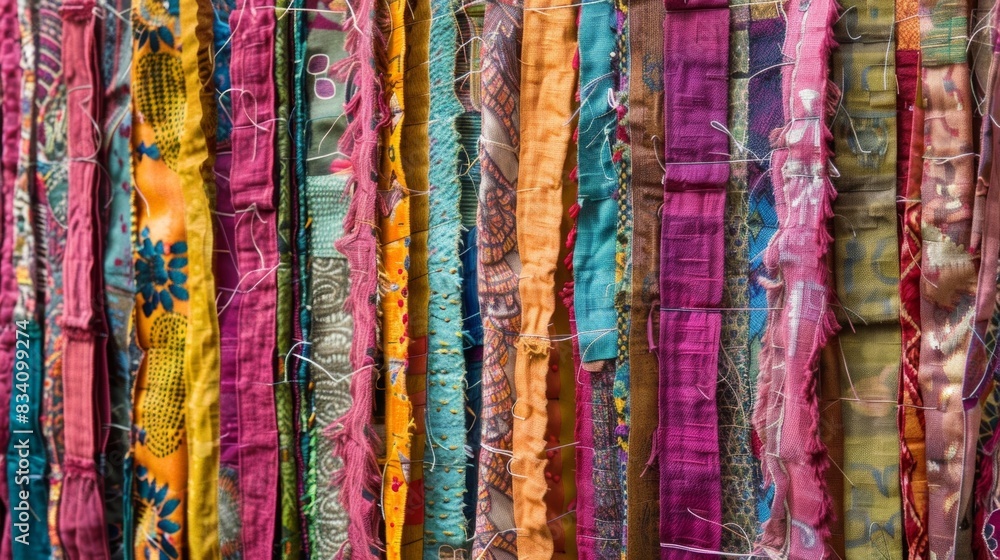 Obraz premium A bohemianinspired wall hanging made from strips of old saris bringing a global and sustainable touch to any space.