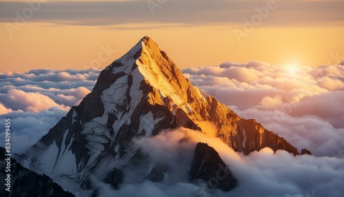 Majestic mountain peak rising above the clouds at sunrise or sunset with a warm golden glow