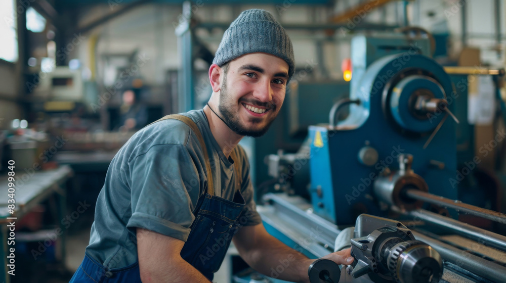 Confident young worker with a beanie smiling in a machine shop Confident young worker with a beanie smiling in a machine shop
