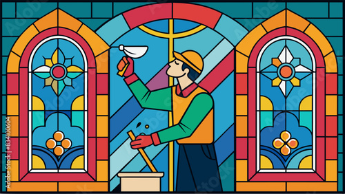 The intricate stained glass windows being delicately cleaned and restored to their former vibrant glory.. Vector illustration