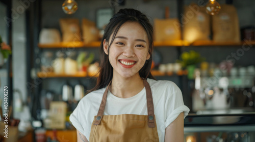 Cheerful young woman with an apron standing in a warmly lit coffee shop