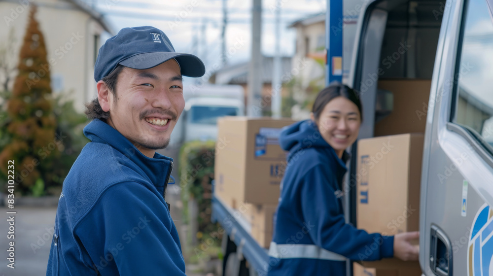 Happy male and female couriers in blue uniforms preparing packages for delivery near a van Happy male and female couriers in blue uniforms preparing packages for delivery near a van
