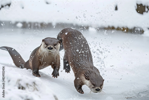 A family of otters playing on the ice of a frozen river, sliding and chasing each other in the snow. photo