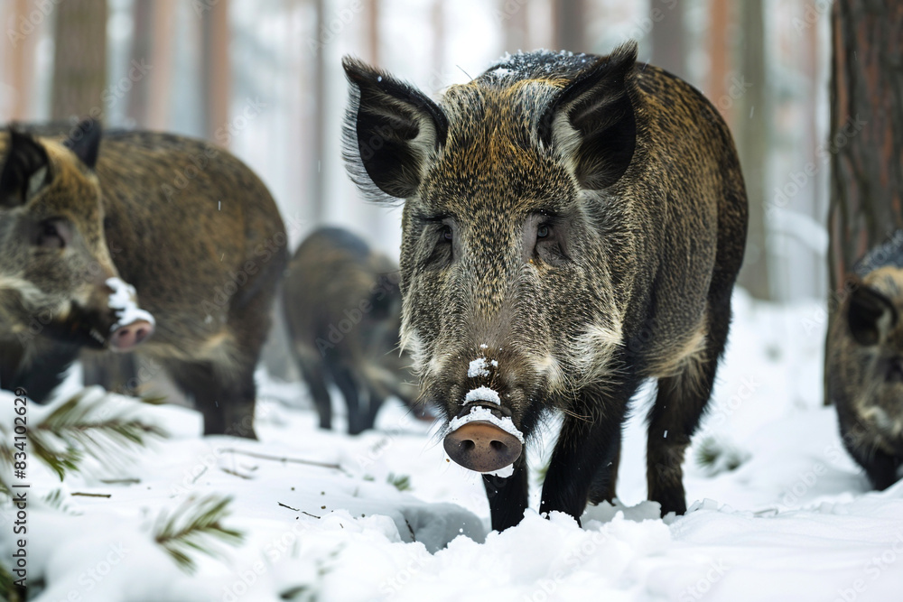 A family of wild boars rooting through the snow in a forest clearing, their snouts pushing aside the white powder in search of food. A family of wild boars rooting through the snow in a forest clearing, their snouts pushing aside the white powder in search of food.
