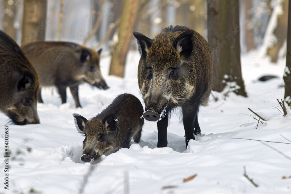 A family of wild boars rooting through the snow in a forest clearing, their snouts pushing aside the white powder in search of food. A family of wild boars rooting through the snow in a forest clearing, their snouts pushing aside the white powder in search of food.