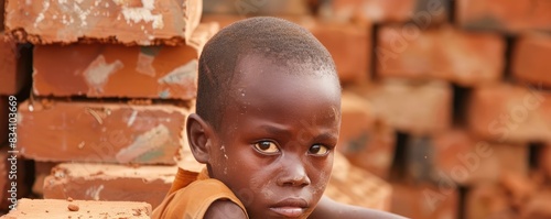 A young African boy looks seriously at the camera with a backdrop of clay brick stacks. photo