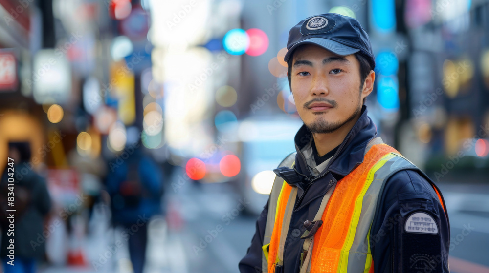 Alert security guard in high-visibility gear patrols a busy urban street Alert security guard in high-visibility gear patrols a busy urban street
