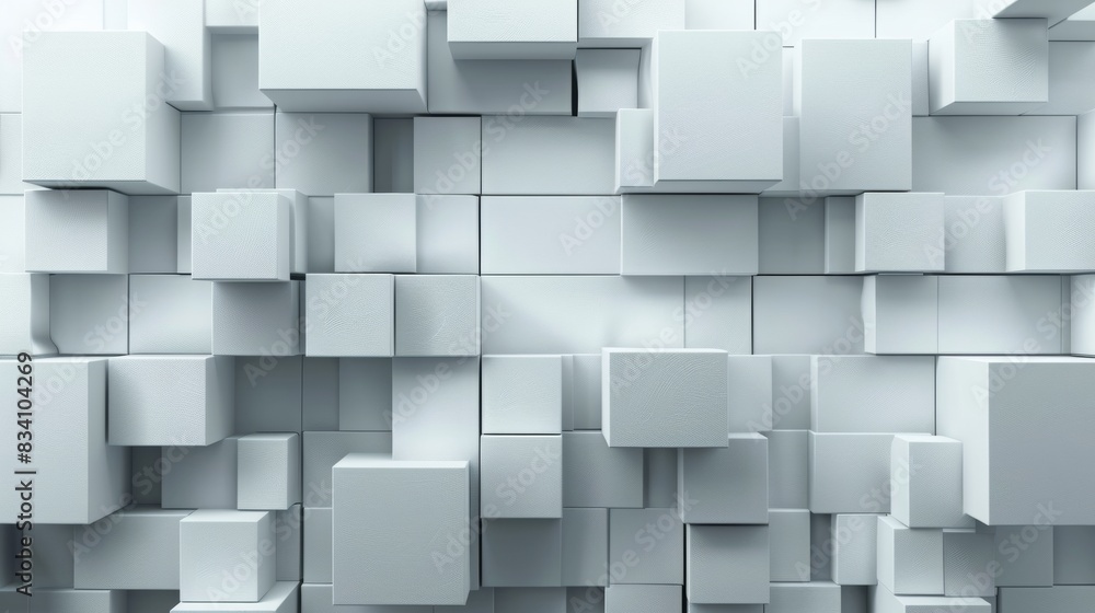 3D blocks of different shapes and sizes interlock to create a wall White background 3D blocks of different shapes and sizes interlock to create a wall White background