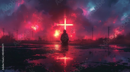 Christian Man Praying Before the Cross Generative AI