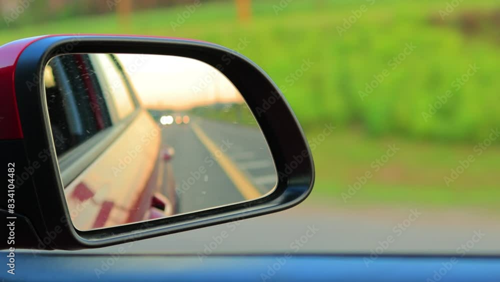 The sun is reflected in the mirror and window, evening road. View in the side rear view mirror of a car driving along the highway, in a red car