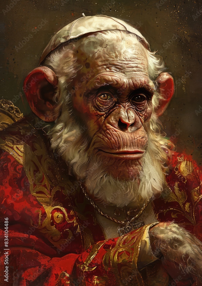 Ape or monkey adorned in elaborate religious attire, featuring rich fabrics and symbolic accessories Ape or monkey adorned in elaborate religious attire, featuring rich fabrics and symbolic accessories