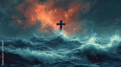 Dramatic Seascape with Towering Cross Generative AI