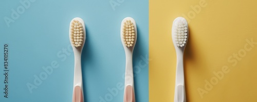 three toothbrushes with shadows cast on a dual-tone background. photo