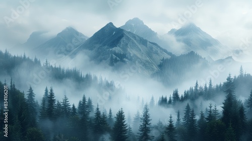 Enchanting Foggy Mountain Forest Scene Generative AI © Alex