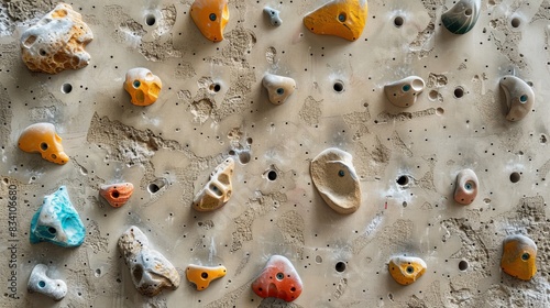 clean climbing wall with sage gray back and amber and blue stones  photo