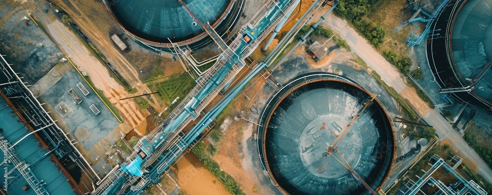 Fototapeta premium A high angle shot of several large, dark oil storage tanks, featuring intricate details of walkways and pipelines.