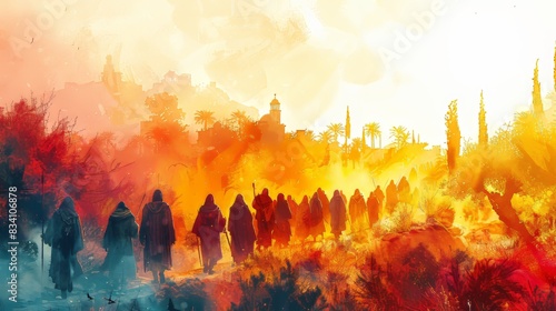 Biblical Scene of Jesus Entering Jerusalem on Palm Sunday Generative AI