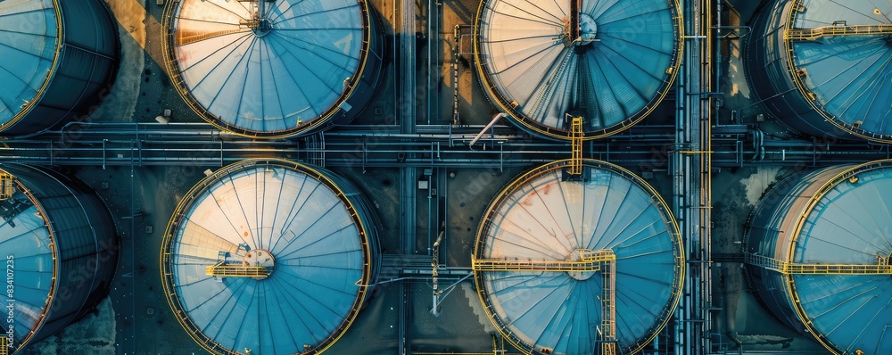 Obraz premium A high angle shot of several large, dark oil storage tanks, featuring intricate details of walkways and pipelines.