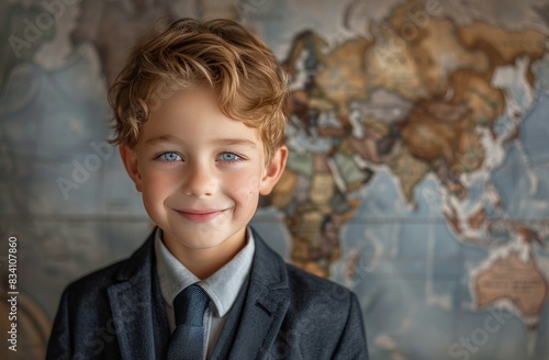 Young Boy in Suit and Tie Standing in Front of World Map
