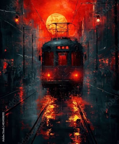 Illustration, Tram in the City at Night